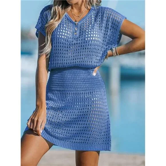 Women's Crochet Swim Cover Up Mini Dress V Neck Beachwear Short Sleeve
